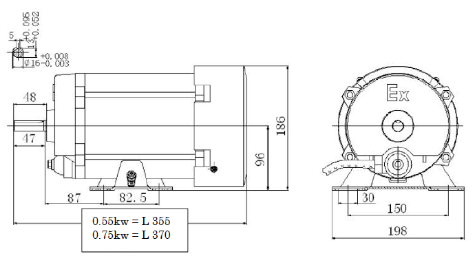 耐圧防爆単相モーターの外形寸法図